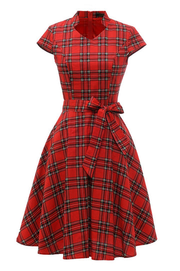 Vestido vermelho plaid vintage plus com bowknot
